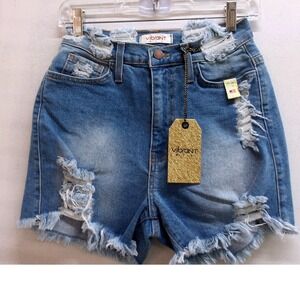 Vibrant MiU Women Blue Distressed High Waisted Denim Shorts Sz S(24"x4") /#26218